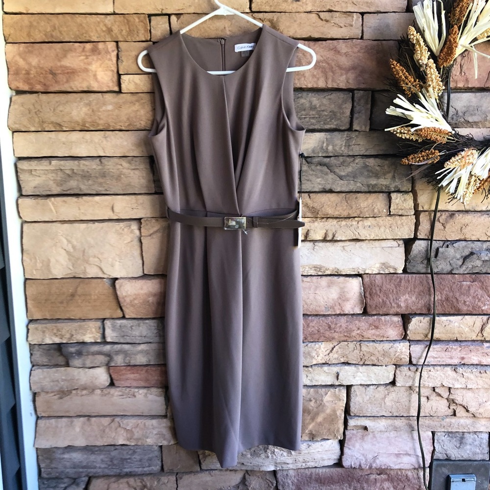 Calvin Klein taupe belted sleeveless dress NWT
